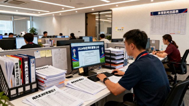 体育新闻编辑室内整理赛事资讯与稿件的工作场景
